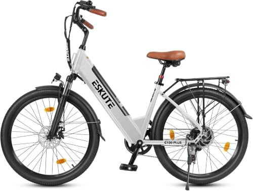 ESKUTE C100 Plus E-Bike, 26 Zoll Elektrofahrrad, E-Cityrad 250W HeckMotor, 36V 13Ah Wechselakku,bis zu 100km, LCD-Display, Tiefeinsteiger E-CityBike Für Damen und Herren Erwachsene Weiß