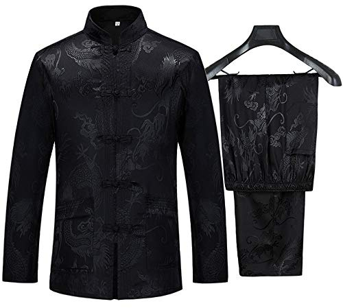 wecotton Tang-Anzug Hanfu Chinesische traditionelle Kleidung Kung Fu Hemd Uniform Langarm Mantel Tops und Hosen, Schwarz, Medium