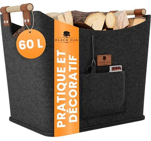 BLACK OAK Montana XL 60L Filzkorb & Holzkorb für Kaminholz - Echt-Leder Applikation + breite Griffe + Fronttasche extra groß - Filz Tasche Korb für Holz faltbar Transport & Aufbewahrung anthrazit