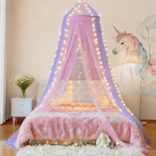 Eimilaly Zweifarbiger Betthimmel Moskitonetz rosa lila mit warmen Lichtern, Betthimmel für Mädchen Zimmerdekoration, Einzeltür