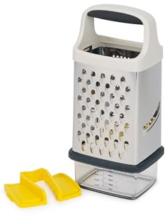Joseph Joseph Multi-Grip Reibe mit Behälter, Handreibe mit sicherer Griff, Edelstahlklingen zum Reiben und Schneiden, rutschfest, spülmaschinenfest