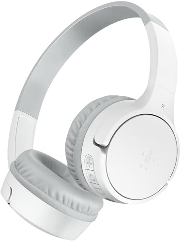 Belkin SoundForm Mini kabelloser Kinderkopfhörer mit integriertem Mikrofon und lustigen Aufklebern, 30 Std. Wiedergabe – Over-Ear-Kopfhörer für Unterricht, Ferien, iPhone, iPad, Galaxy – Weiß