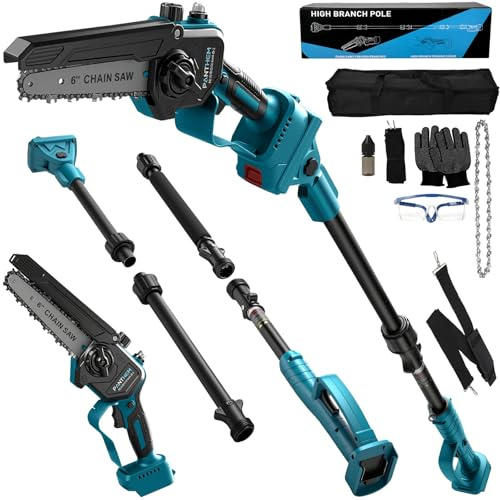 Akku Hochentaster Ast Kettensäge Profi-Astsäge kompatibel mit Makita 18V(ohne Akku), 2 IN 1 Mini 6 zoll Akku Kettensäge und Teleskop Elektro Hochentaster Astsäge Arbeitshöhe bis 4,6m