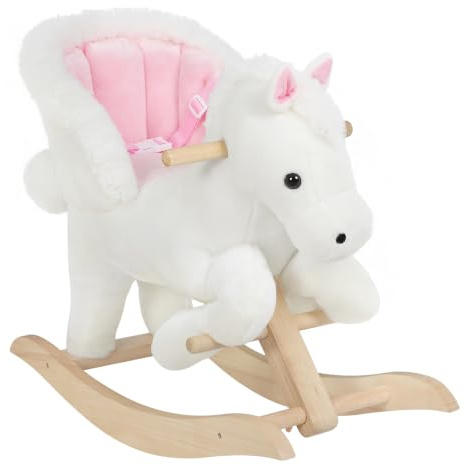 WOLTU Plüsch Schaukelpferd für Babys 18-36 Monate, Weiß Rosa | Schaukeltier mit Soundfunktion, Sicherheitsgurt und hoher Rückenlehne, Baby Schaukelpferd aus Massivholz