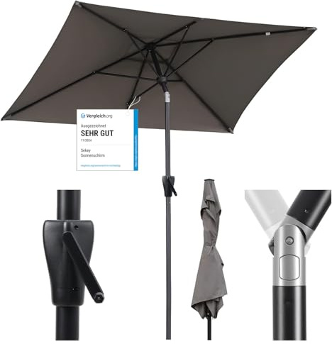 Sekey Aluminum Sonnenschirm mit Kurbel und Knicker, 210 × 140 cm Sonnenschirm Rechteckig für Balkon Garten & Terrasse Sonnenschutz UV 50+, Cappuccino