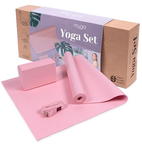 Myga Yoga-Starter-Set – Yogamatte, Yoga-Blöck Ziegel & Metall D-Ring Yoga-Gurt – Starter Kit für Anfänger ideal für Pilates, Yoga, Dehnung, Gesundheit & Fitness