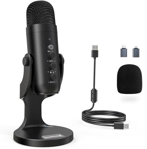 zealsound USB Kondensator Mikrofon für PC Laptop Handy, Plug & Play Tischmikrofon mit Rauschunterdrückung, Mute, Gain & Echo, für Gaming, Streaming, Podcast, ASM & Aufnahmen, k66 Schwarz