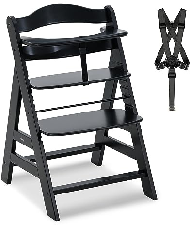 hauck Hochstuhl Alpha+ für Kinder ab 6 Monaten bis 90 kg, inkl. Schutzbügel, 5-Punkt-Gurt & Schrittgurt, mitwachsender Kinderhochstuhl aus FSC® zertifiziertem Buchenholz (Black)
