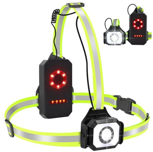 Fashioz Lauflampe Joggen, 500 Lumen Brustlampe Lauflicht, 7 Modi USB-Lauflicht, 90° Neigung IPX4 Wasserdicht mit Reflektoren für Joggen, Laufen, Camping, Radfahren
