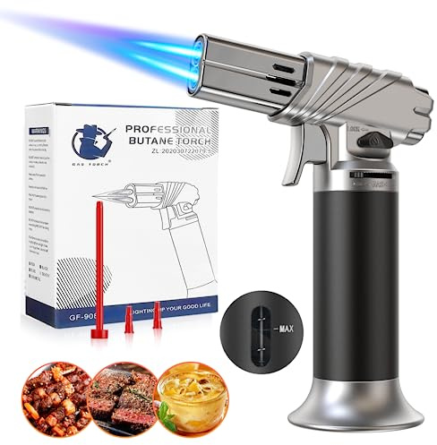 LUZOON Flambierbrenner Gasbrenner Bunsenbrenner Küche Dual Flambierer Küchenbrenner Creme Brulee Brenner mit Tankanzeige (Butan Nicht Inbegriffen)