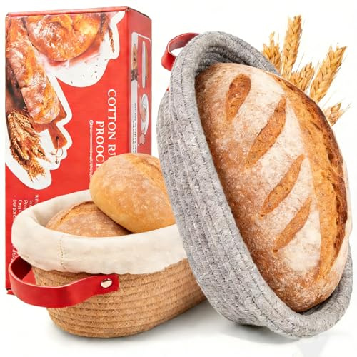 Gärkörbchen- Sauerteig Brot Gärkorb Set – 2 x 26 cm Oval mit Bezug & Deckel | Natursauerteig Gärkorb Starter-Set, Backzubehör, Handwerker-Backgeschenk für Frauen, Ehefrau, Mutter & Bäcker
