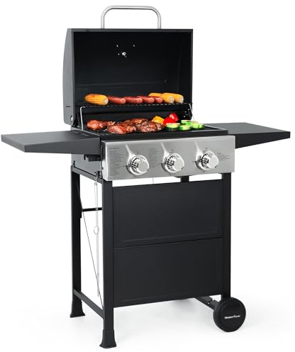 MASTER COOK 3 Brenner Propan-Gas Außen BBQ Grill Edelstahl 30.000 BTU Terrasse Garten mit zwei faltbaren Ablagen