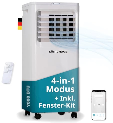 Könighaus Smarte Mobile Klimaanlage 7000 BTU für Räume bis 20m² – 4-in-1 Funktion mit Kühlung, Entfeuchtung, Ventilator und Luftreinigung – energieeffizient (A) – inkl. Fernbedienung und App-Steuerung