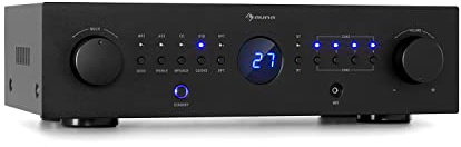 Auna Verstärker, HiFi Stereo Mini Verstärker, HiFi-Verstärker mit Bass & Treble Regler, 4 Kanal Audio-Verstärker, Stereo-Verstärker & Lautsprecher mit Fernbedienung & AUX Eingang, AV Receiver