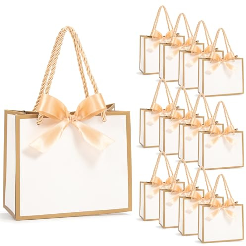 12 Stück kleine Geschenktüten mit Schleifenbändern, 14 x 6 x 12 cm Mini Mitgebsel Tüten mit Griffen, Geschenktüte danke Geburtstag Hochzeitsfeiern Brautpartys Babypartys (Weiß)