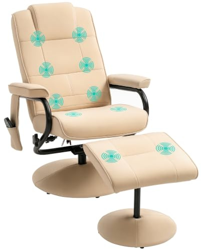 HOMCOM Relaxsessel mit Hocker, 360° Drehbar TV-Sessel mit Massage, Creme | Liegefunktion, Massagesessel mit Seitentasche, aus Kunstleder, für Wohnzimmer, Fernsehsessel