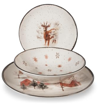 H&H Weihnachts-Tischservice 18 Teile Fairytale Charm aus Steinzeug – Elegantes Set mit Wintermotiven, mikrowellen- und spülmaschinenfest