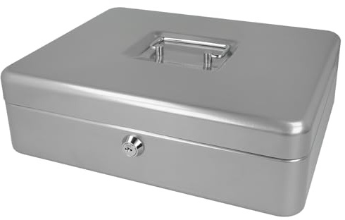 Westcott Geldkassette abschließbar (groß, 30 cm) Silber | Abschließbare Box aus Stahlblech mit 2 Schlüsseln | Herausnehmbare Einlage für Münzen mit 5 Fächern | E-51002 SILVER