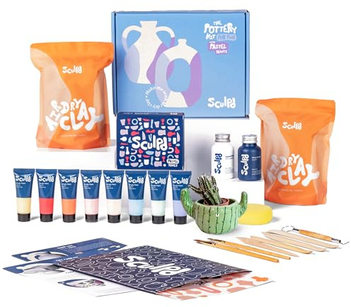 Sculpd – Das originale Töpfer-Set, Komplettes lufttrocknendes Ton-Set für Erwachsene, inklusive Modellierwerkzeugen, Lack, Pinseln, Anleitungen sowie Kunst & Bastelset, Glanzlack mit Pastelltönen