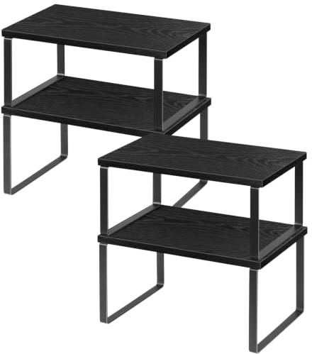 LIANTRAL Küchenschränke Organizer 4er Set, Küchenregal, Küchen Organizer, Erweiterbar und Stapelbar, Metall und Holz, Schrank Regaleinsatz Organizer für Gläser, Gewürze, Kann, Schwarz