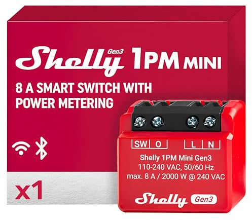 Shelly 1PM Mini Gen3 - WLAN Smart Relais Schalter, Strommessung, Stromzähler, 1 Kanal, 8A, Lichtschalter, Heizung, Smart Home, Zeitschaltuhr, Alexa & Google Home, Kein Hub Erforderlich