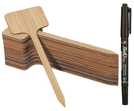 Worown 30 Stück Umweltfreundliche Pflanzenschilder aus Bambus, Extra lange T-förmiges, Langlebiges Pflanzschilder Holz mit Schwarzer Wasserfest Markerstift (H:18cm x W:6cm)