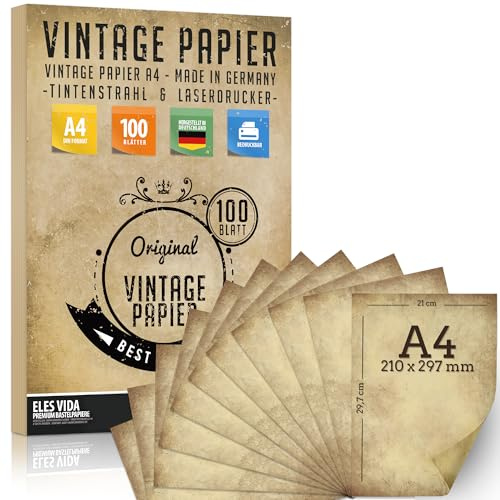 100 Stück DIN A4 Vintage Briefpapier 100g/m - Altes Bastelpapier für Urkunden Schatzkarten Bastel Karten, Hochzeit, Geschenke, Nostalgie, Altes Papier, Scrapbooking Motivpapier - MADE IN GERMANY