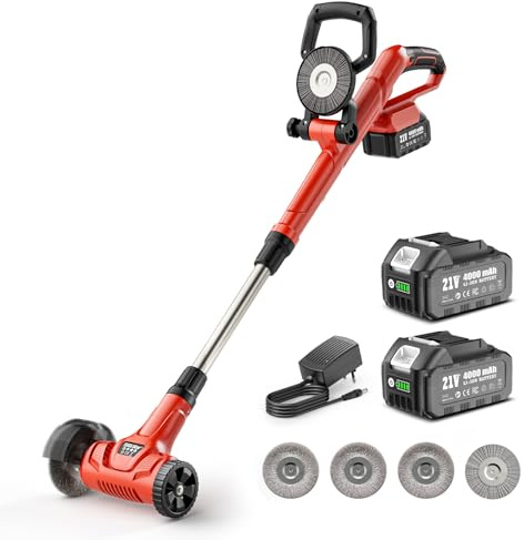 Akku Fugenreiniger 21V Unkrautbürste Elektrisch- Pflasterreiniger mit 2x 4.0Ah Akku, 120 Min. Laufzeit, Teleskopstiel 128cm für Terrasse & Gehweg, inkl. 3 Stahldraht- & 1 Nylonbürste, Fugenkratzer Set