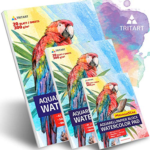 Tritart Aquarellpapier A4+A3+A5 Komplettset, Weiß Aquarellblock Set, 20 Blatt