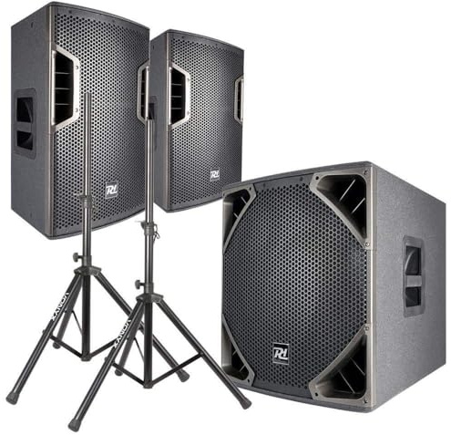 Power Dynamics PD-6 - DJ Boxen, Aktiv PA Anlage Komplettset 2.1 Set - 2600 Watt, mit Lautsprecher Stativ, Kabeln, Mobile Speaker für Beschallung bis zu 250 Leuten - Schwarz