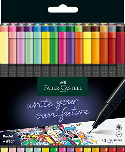 Faber-Castell - Grip Finepen Set, 30 Fineliner, Linienbreite 0,4 mm | Ergonomische Dreikantform mit Grip-Zone für präzises Zeichnen