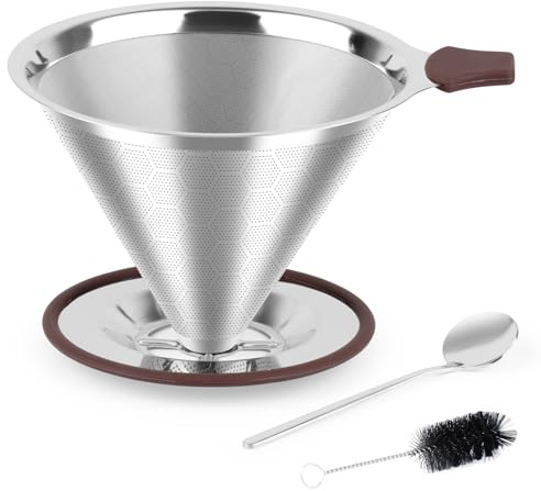 Sandiyago Wiederverwendbare Kaffeefilter aus Edelstahl, Papierloser Pour Over Kaffeefilter zur Zubereitung von handgebrühtem Kaffee, mit Reinigungsbürsten und Löffel