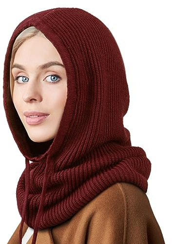DRESHOW Wintermützen für Damen Balaclava Strickmütze Skull Cap mit Kordelzug Warmer Kapuzenschal Mütze
