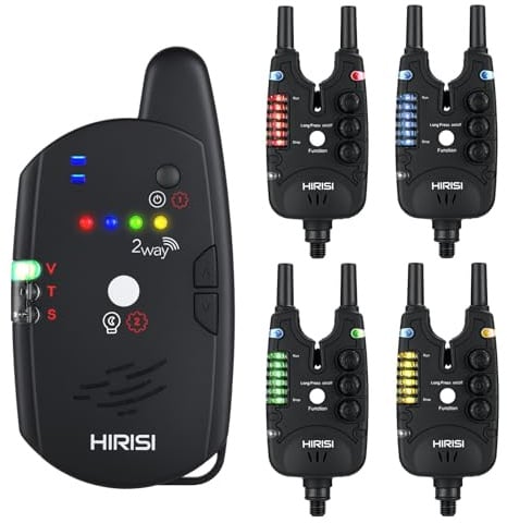 Hirisi Tackle Karpfenangeln Bissanzeiger Mit Fernbedienung (FunkempfäNger), Mit Nachtlicht, Einstellbarer Empfindlichkeit, LautstäRke Und Ton. Bissanzeiger Set. (FBA-S8-4)