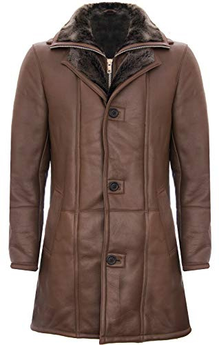 Herren Warm Braun Nappa Leder Shearling Schaffell Trench Pilot Jacke Mantel