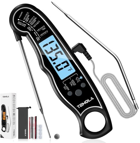 Fleischthermometer Digital Bratenthermometer, 2-in-1 Grillthermometer mit 2 Edelstahlsonden & Temperaturalarm, TEMOLA TM27 LCD-Hintergrundbeleuchtung für Süßigkeiten BBQ Raucher Öl Flüssigkeiten Küche