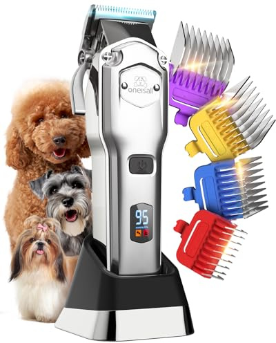 oneisall Leise Hundeschermaschine mit Metall-Führungskamm, Schermaschine Hund profi kabellos, Hochleistungs Tierhaarschneidemaschine für Dickes/Lockiges/Feines/Langes/Gewelltes Haar (Silber)