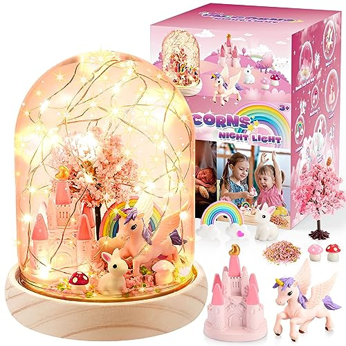 HappyGoLucky Bastelset Kinder - Einhorn Mädchen Spielzeug Geschenk ab 3-10 Jahre - Weihnachts Geschenke für Mädchen - DIY Nachtlicht Kinder - Sockel aus Holz mit 10+ Zubehörteilen