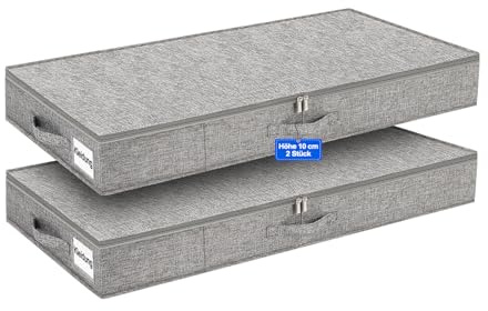 10 cm Hohe Unterbett-Aufbewahrungsboxen, 85 x 40 x 10 cm, Flache Unterbettboxen aus Leinen mit PP-Innenverstärkung, 2-Wege-Reißverschluss und 3 Tragegriffen, für Kleidung und Bettwäsche, Grau, 2er-Set