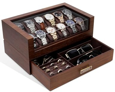 KAMIER Uhrenbox Herren mit 12 Fächern, Luxuriöse Groß Echtholz Watch Box 2 Ebenen, Uhrenkasten mit herausnehmbaren Uhrenkissen und Schublade, Premium Uhrenkoffer mit Glasdecekel (mit Geschenkbox)