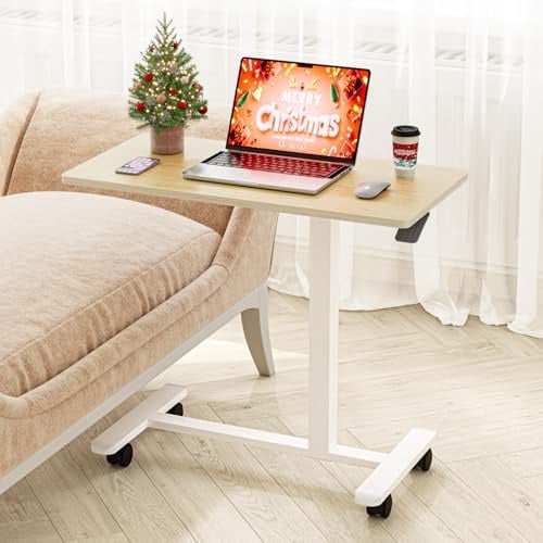 Dripex Pflegetisch Beistelltisch mit Rollen Höhenverstellbar, Gasfeder | Laptoptisch Computertisch aus Holz Überbetttisch auf Rollen Sofatisch Nachttisch für Schlafzimmer Wohnzimmer Bett, Holzfarbe