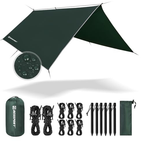 Bessport Zeltplane, Camping Zelt Tarp 3m x 3m/3m x 4m Wasserdicht PU3000 mm Tarp für Hängematte, mit Ösen & 6 Aluminiumstifte & 8 Nylonseile, Anti-UV Geeignet für Camping, Picknick, Hängematte