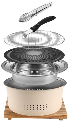 SANQIAHOME Tragbarer Edelstahl-Holzkohlegrill, 26,7cm, rund, mit Antihaft-Bratplatte, BBQ Grills Holzkohlekocher für Zuhause, Party, Outdoor, Camping