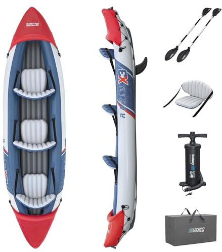 Bestway Hydro Force Kajak-Set Rapid X3 381 x 100 x 44 cm, 3 Erwachsene, 280 kg, Inflata-Shield Pro-Material, 3 Luftkammern, 2 abnehmb Finnen, GS-zertifiziert, Paddel, Doppelhubkolbenpumpe, Tragetasche