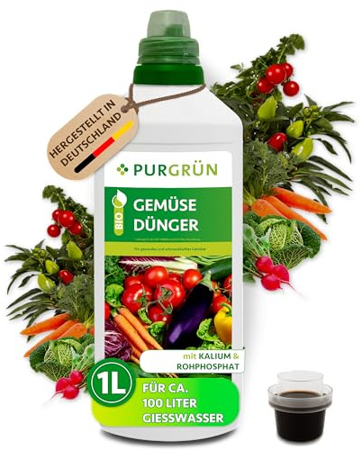 Purgrün® Bio-Gemüsedünger 1 Liter – Hoher Ertrag dank extra Phosphor – Bio & Vegan – Premium-Flüssigdünger – Ohne tierische Inhaltsstoffe – Ergiebiges Konzentrat für 100 Liter Wasser