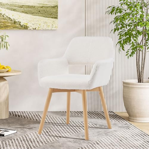 YEEFY Mid-Century Modern Sessel mit Holzbeinen – gepolsterter Schreibtischstuhl ohne Räder als Akzentstuhl für Wohnzimmer, Esszimmer, Schlafzimmer & Heimbüro(Woll weiß,1 Stück)