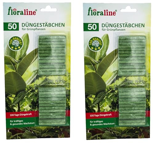 floraline® | 100x Grünpflanzen - Düngestäbchen | Dünger für bis zu 100 Tage prächtige Blumen mit Wachstum und gesundem Aussehen pro Stäbchen | Sehr schonende & kinderleichte Anwendung