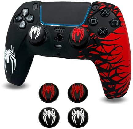 ElitePlay Schwarze und rote Spinne, rutschfeste Silikon-Schutzhülle für PS5-Controller, weiche Gummi-Hülle für PS5-Wireless-Controller mit 2 Sets Daumengriffen