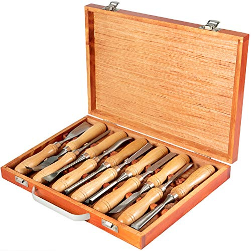 VEVOR Stechbeitel Set 60CRV Holz Schnitzwekzeug 12 Stück Hochgeschwindigkeitsstahl Holzmeißel Set mit Koffer Metallisch