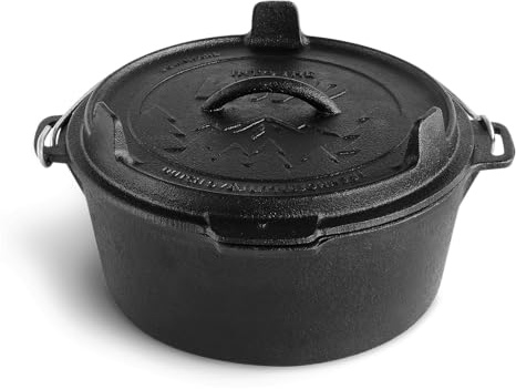 BURNHARD Dutch Oven Pre-Seasoned, 4qt 3,8 Liter, Gusseisen Feuertopf, Schmortopf mit Deckelheber ohne Füße